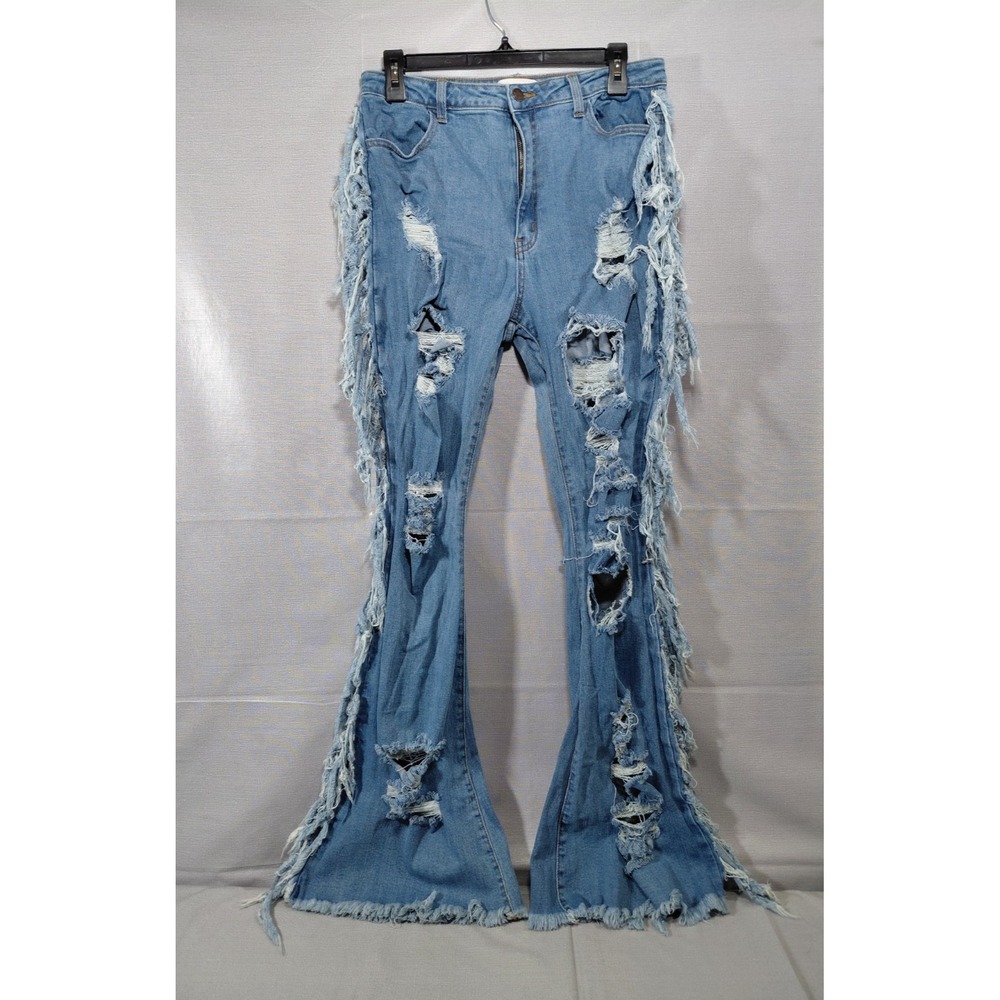 Loverly Fit Destroyed Flare Leg‎ Jeans Sz 13 30x33 Side Fringe Tassel Distressed